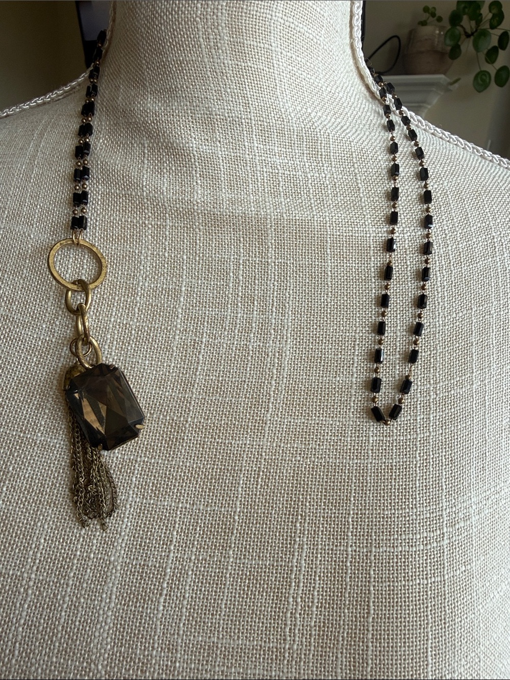 17” drop Smokey Crystal Pendant Long Necklace - Black and Gold